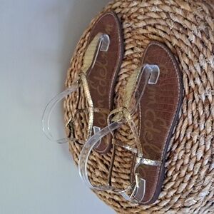 Sam Edelman Womens Gigi Gold Snakeskin Print Thong Slingback Flat Sandals S-9